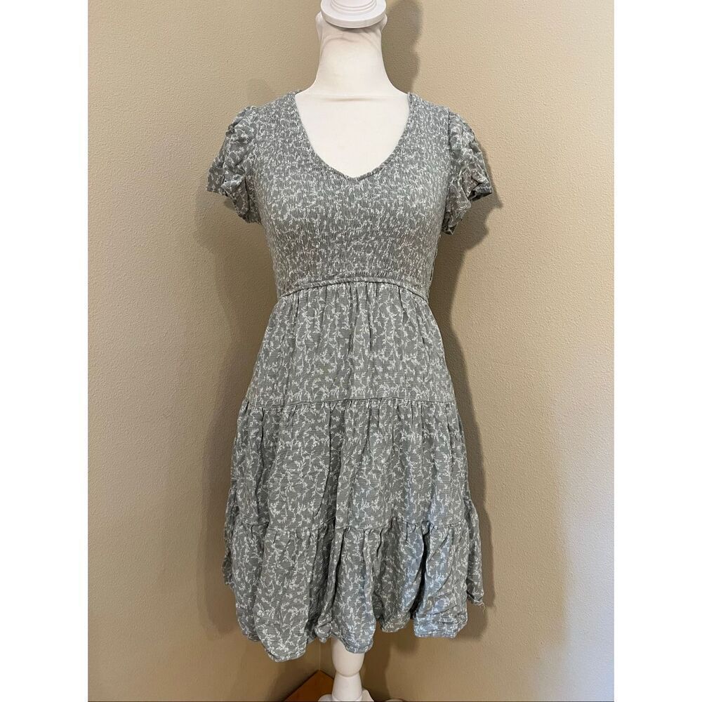 Altar'd State Sage Gray Green Ivory Floral Ruffle Sleeve Mini Dress S